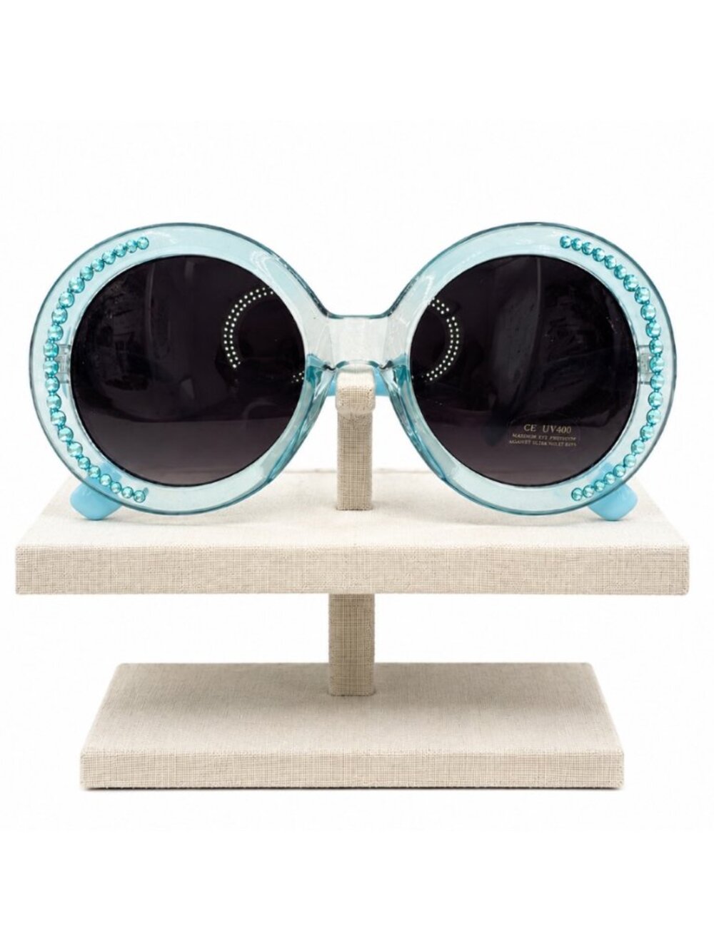 Light Blue Oversized Round Sunglasses Featuring Sparkly Rhinestone Rims